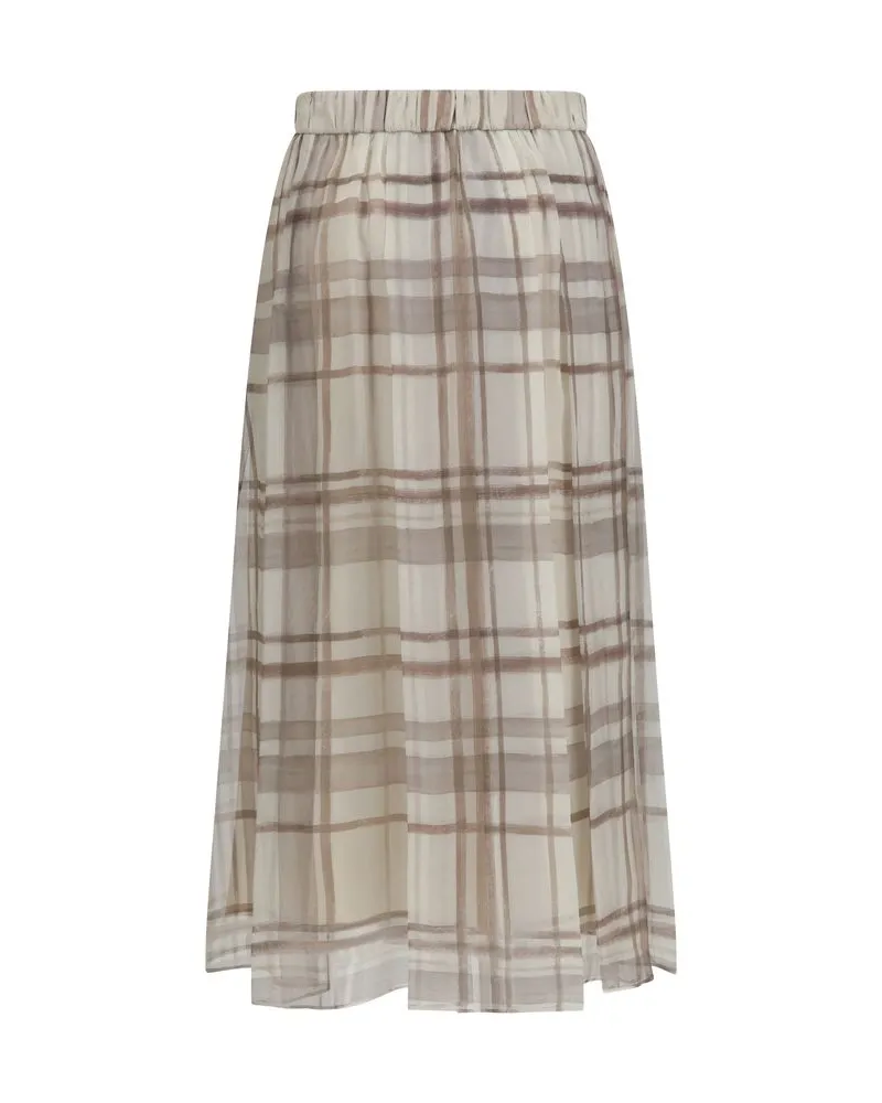 Brunello Cucinelli Pleated Silk Macrocheck Skirt — Beige Beige