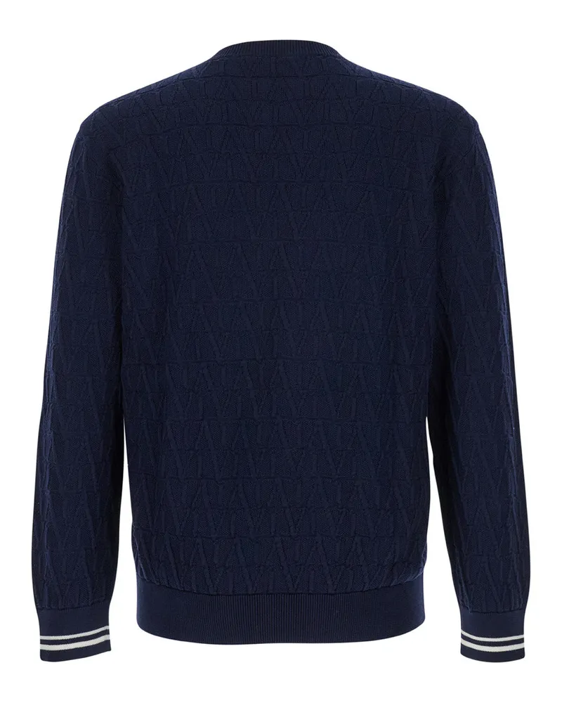 Valentino Garavani Men's Blue Jacquard Crewneck Sweater Cotton Tops Top Navy