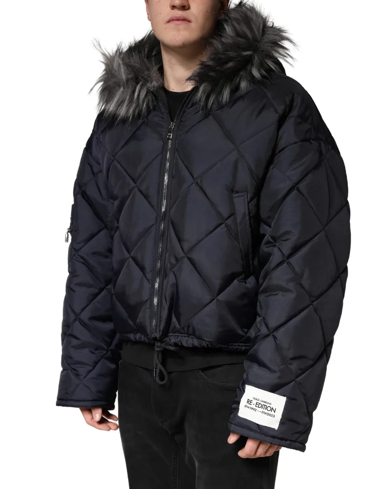 Dolce & Gabbana Men's Black Quilted Fur Shearling Hooded Jacket Clothing Black
