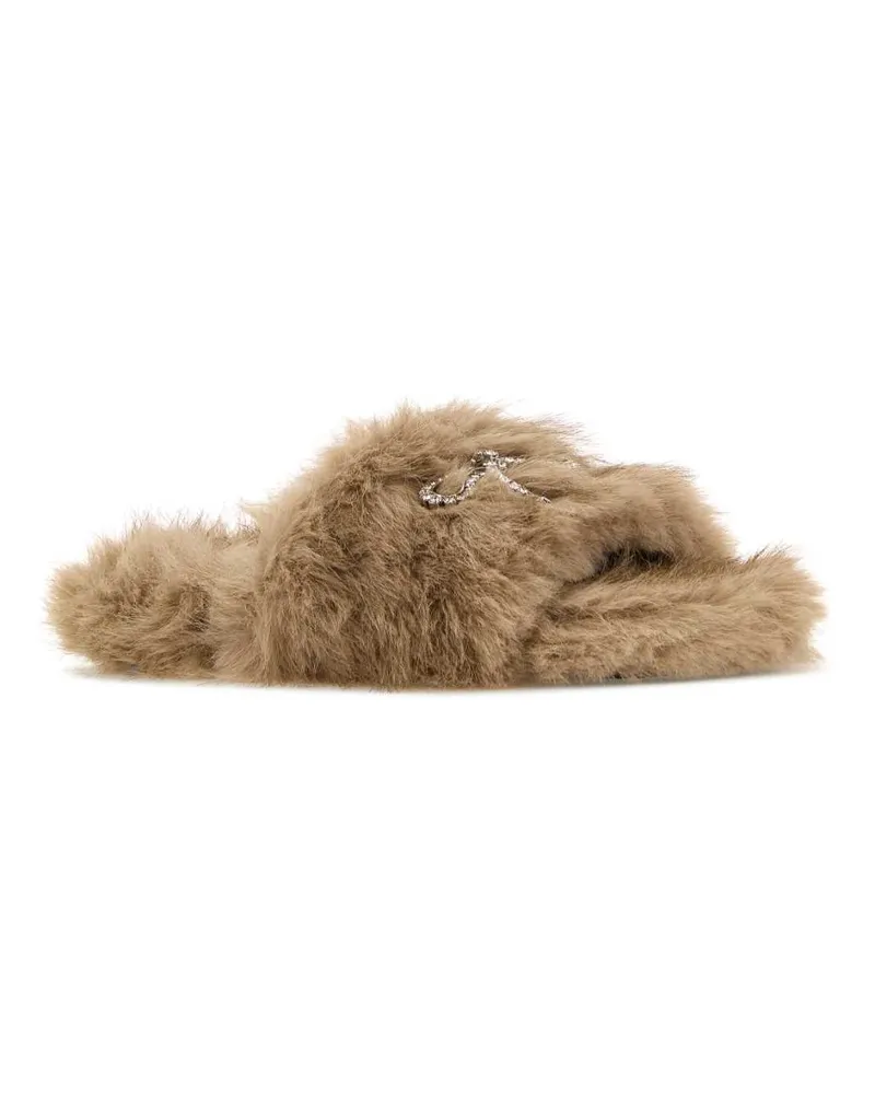 Balenciaga Women's Beige Eco Fur Slippers Cam-Slv-Crystal Strs T Polyester Cam/slv/crystal Flat Shoes Beige