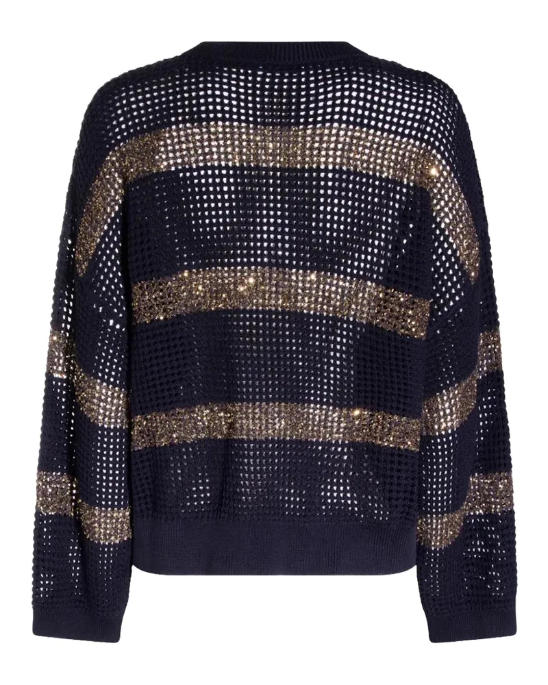 Brunello Cucinelli Sequin-Embellished Open-Knit Sweater — Navy Navy