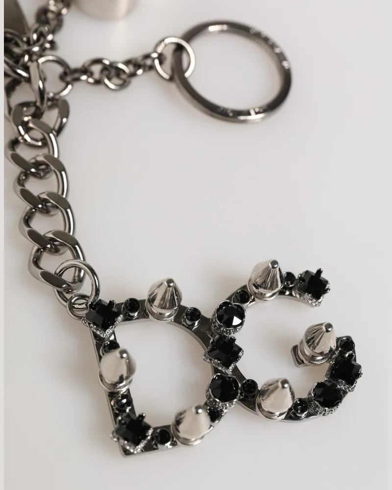 Dolce & Gabbana Women's Silver Brass Metal Dg Logo Crystal Ring Keyring Keychain Black | Zamak Steel Real Silver