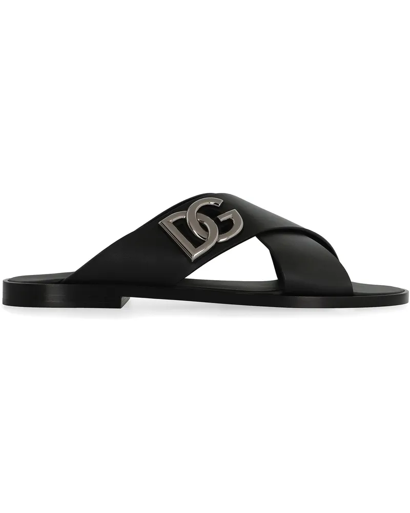 Dolce & Gabbana Men's Black Calfskin Sandals Flip Flops & Slides Black