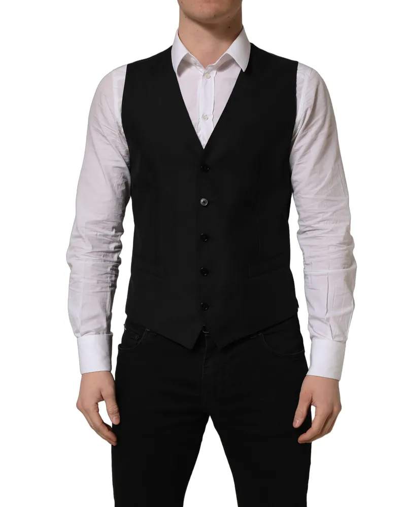 Dolce & Gabbana Men's Black Wool Single Breasted Waistcoat Vest Virgin Silk Clothing Black