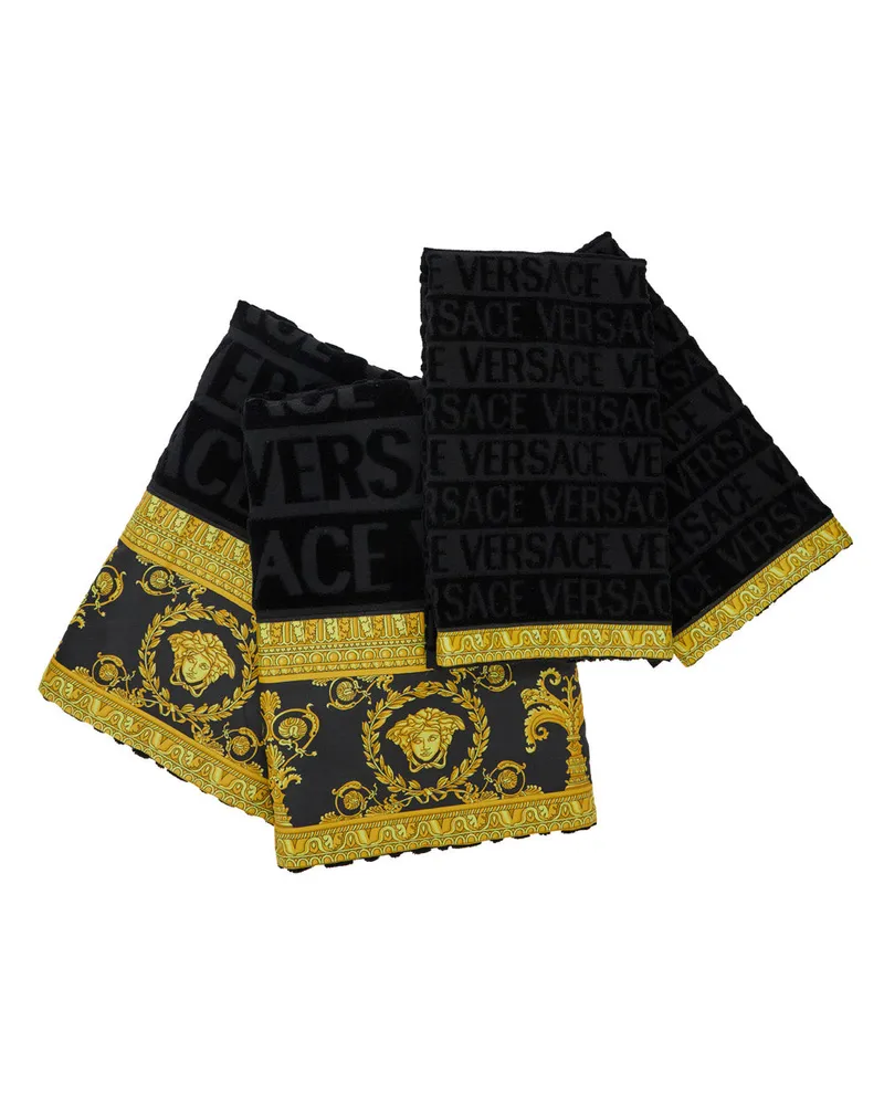 Versace Unisex Towel Set Baroque Print Black Cotton Towels & Bath Robes Black