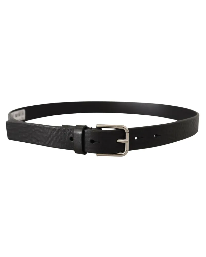 Dolce & Gabbana Men's Black Calf Leather Silver Tone Logo Metal Buckle Belt Black