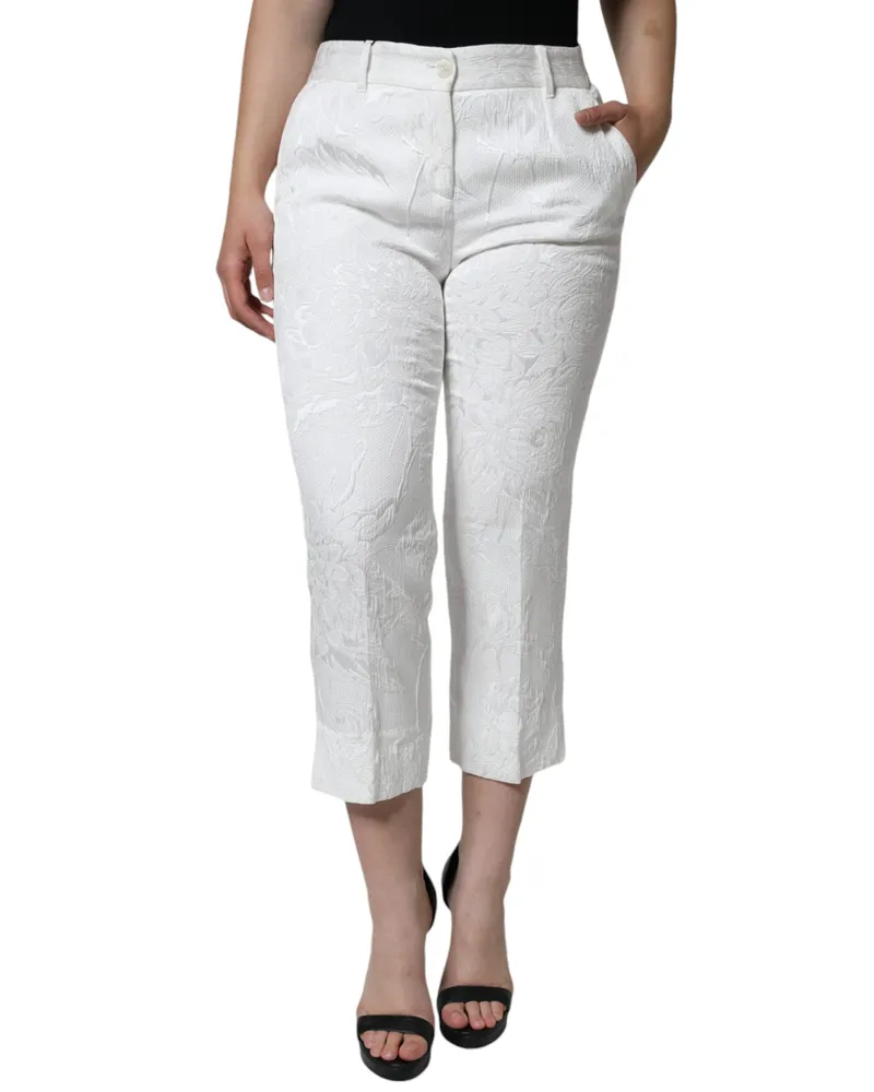 Dolce & Gabbana Women White Floral Brocade Cotton Cropped Pants Viscose Elastane White