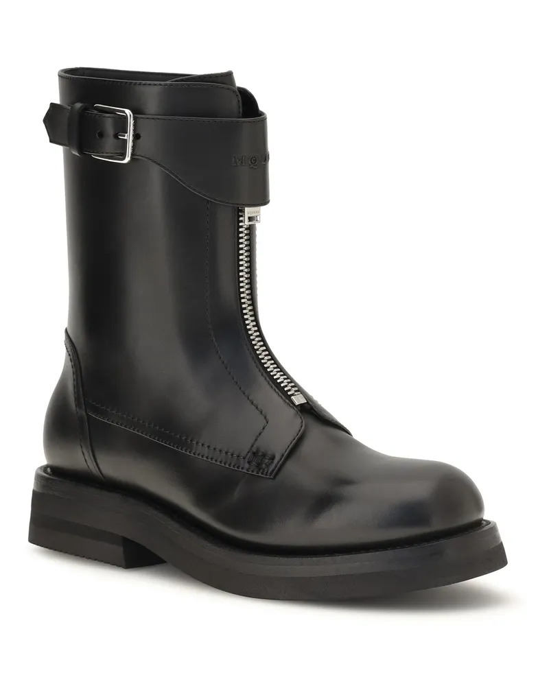 Alexander McQueen Buckle-Strap Calf Leather Boot — Black Black