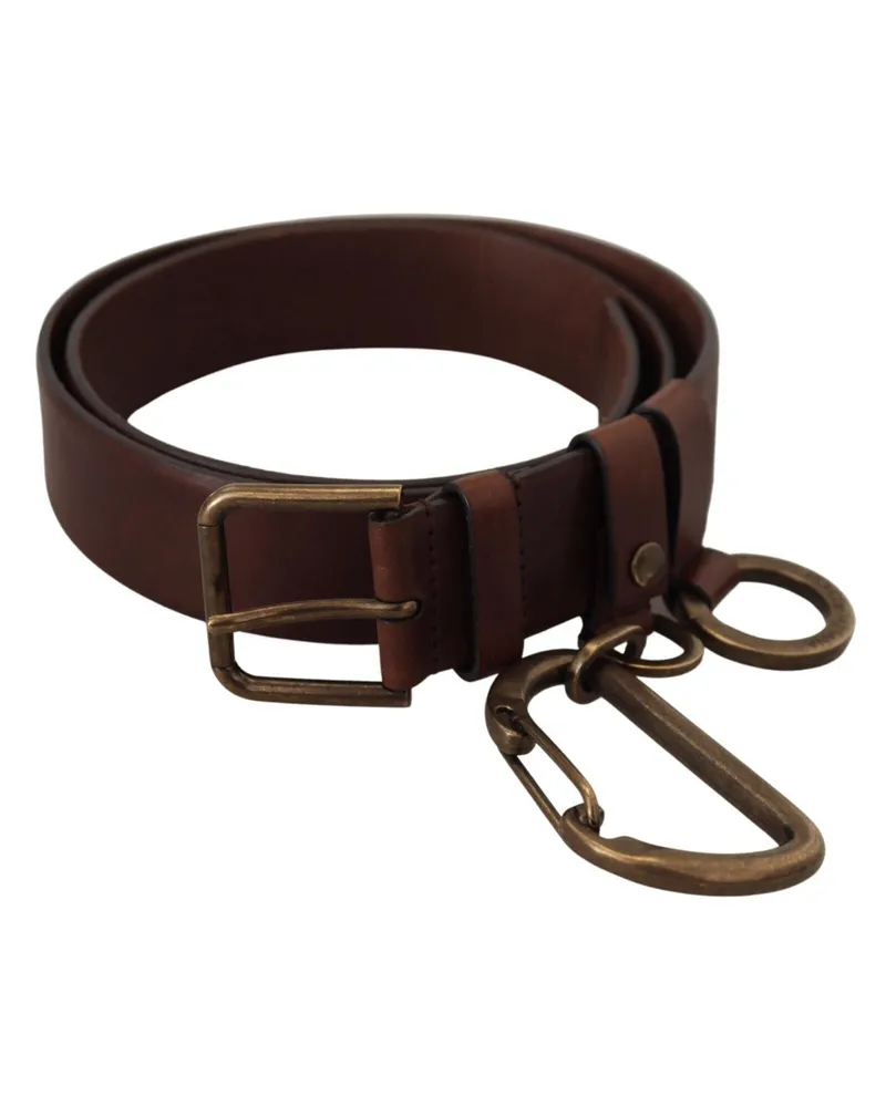 Dolce & Gabbana Men's Brown Leather Gold Metal Buckle Carabiner Belt Brown