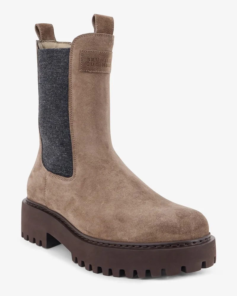Brunello Cucinelli Women's Suede Boots With Loop Detail Beige Beige