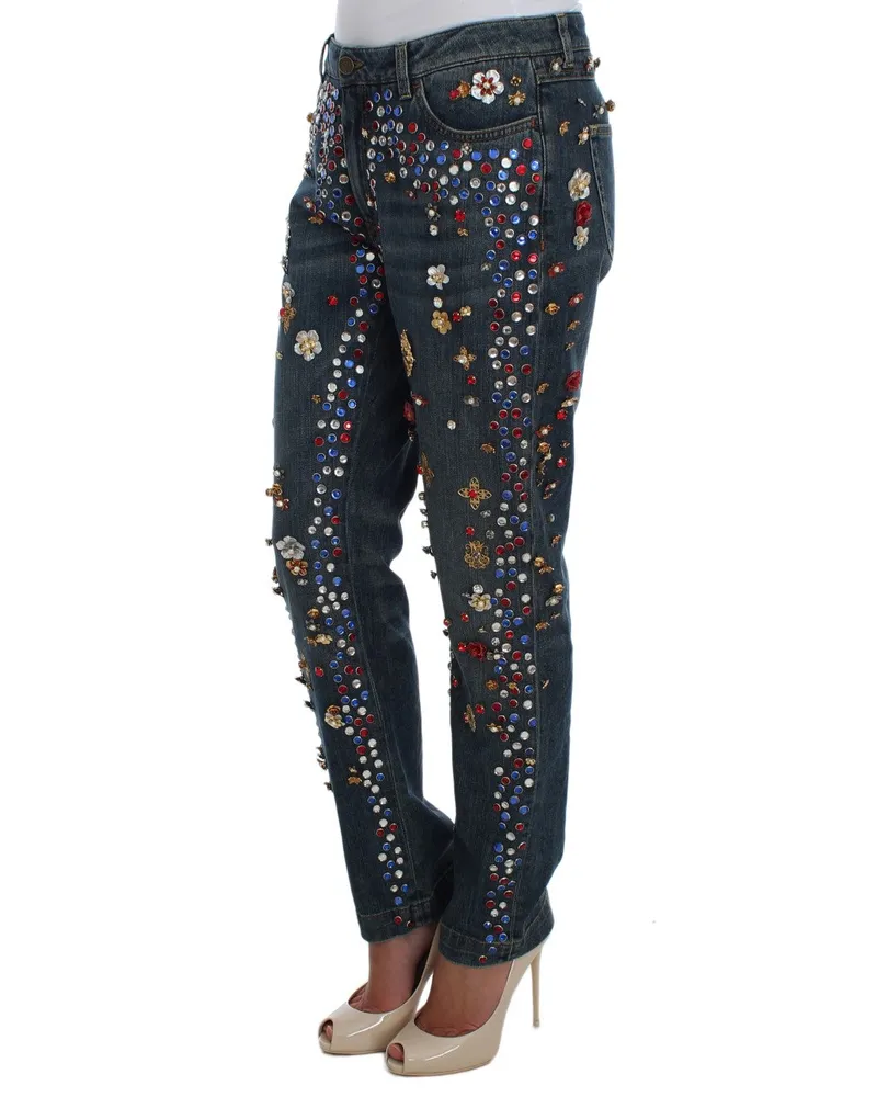 Dolce & Gabbana Women's Crystal Roses Heart Embellished Jeans Blue Cotton Clothing Blue