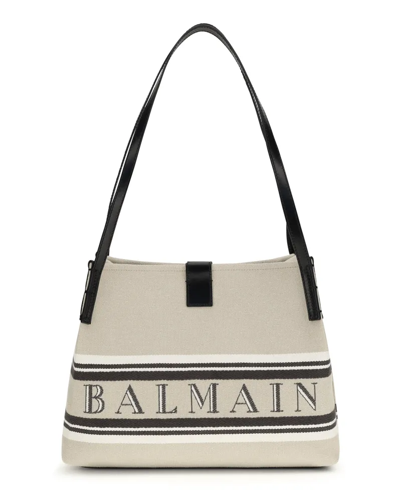 Balmain Women's Canvas Shoulder Bag Natural-Black-Optical White Cotton Natural/black/optical Beige