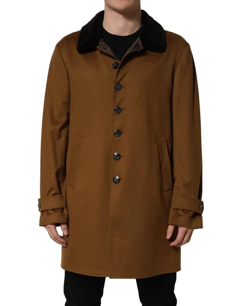 Dolce & Gabbana Brown Cashmere Mink Fur Men Overcoat Jacket Elastane Clothing Brown