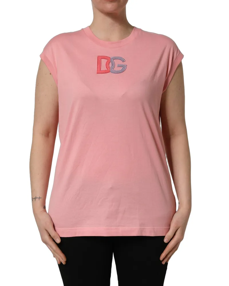 Dolce & Gabbana Women's Pink Cotton Dg Logo Round Neck Tank T-Shirt Pink