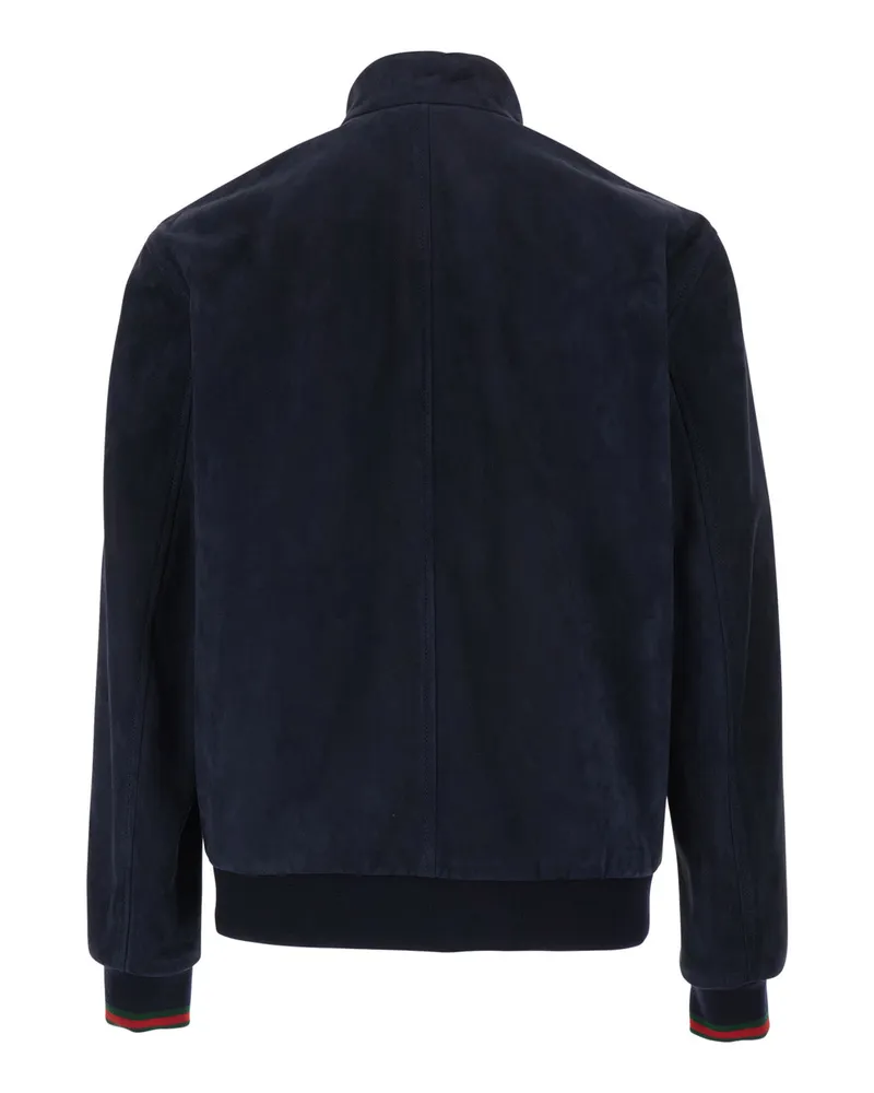 Gucci Men's High Collar Jacket Blue Suede Lambskin Coat Navy