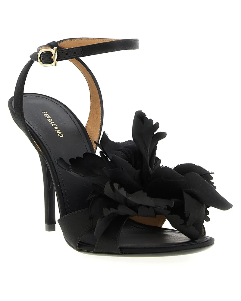 Ferragamo Satin with Maxi Flower Appliqué Heels — Black Black