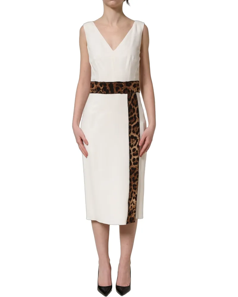 Dolce & Gabbana Women's White Leopard Sleeveless Sheath Midi Dress Acetate Elastane Silk Viscose White
