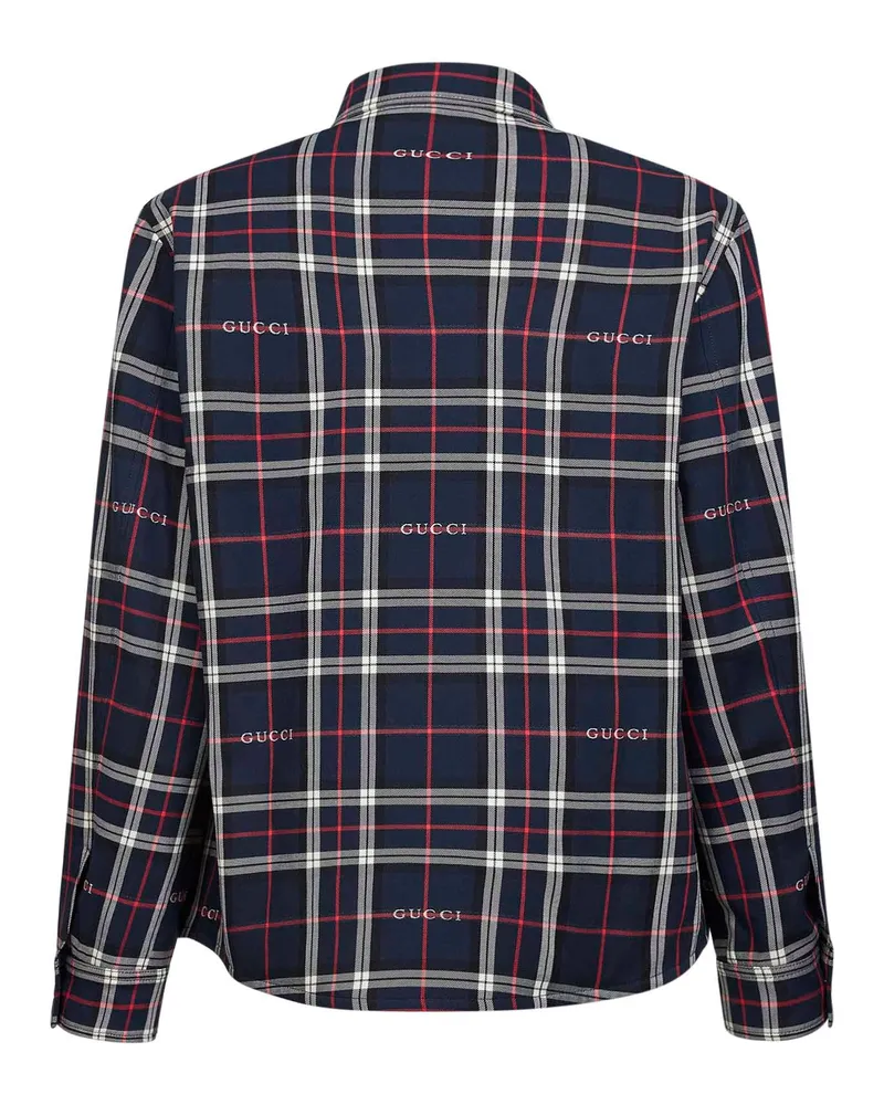 Gucci Men's Jacquard Cotton Tartan Padded Shirt Bomber Jackets Navy