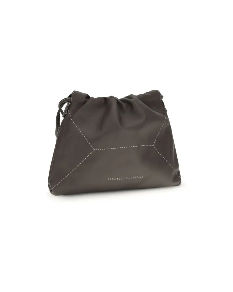 Brunello Cucinelli Women's Brown Calf Leather Bos Taurus Shoulder Bag Brown