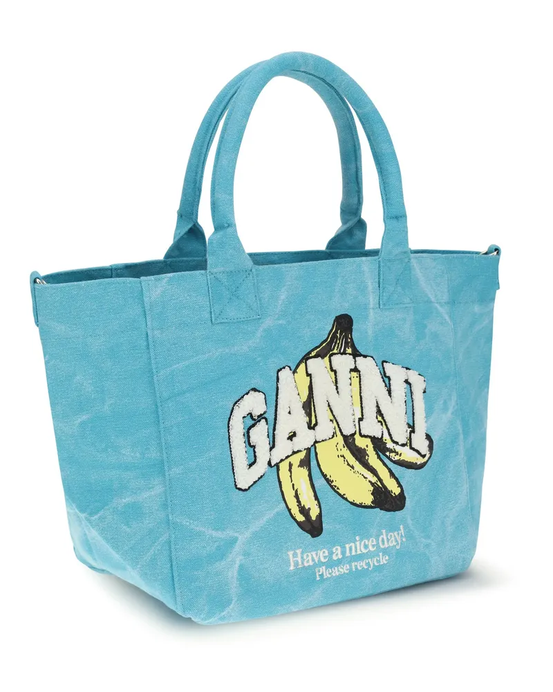 Ganni Women's Banana Print Tote Bag Blue Curacao Recycled Cotton Shoulder Blue