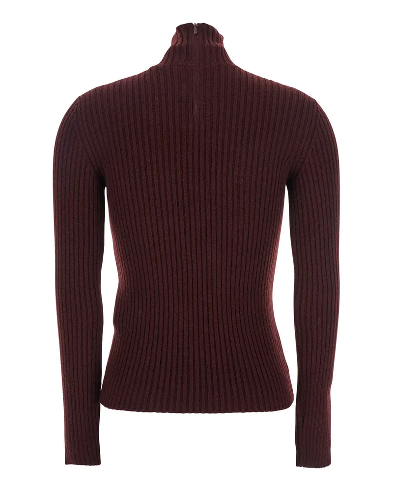 Max Mara Women's Bordeaux Turtleneck Sweater With Ribbed Design Wool Tops Top Bordeaux