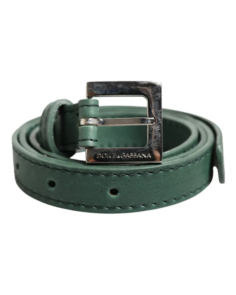 Dolce & Gabbana Women's Dark Green Leather Silver Metal Buckle Belt Goatskin Green