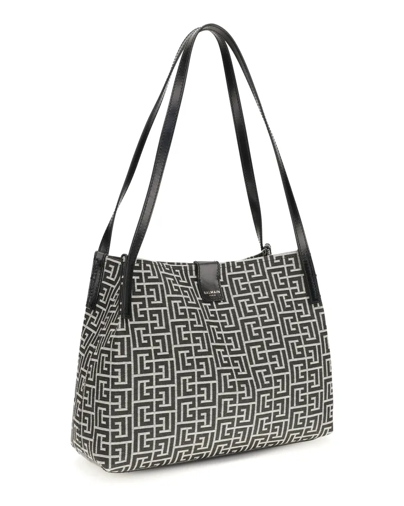 Balmain Women's Jacquard And Leather Tote Bag Ivoire-Noir Shoulder Ivoire/noir Gray