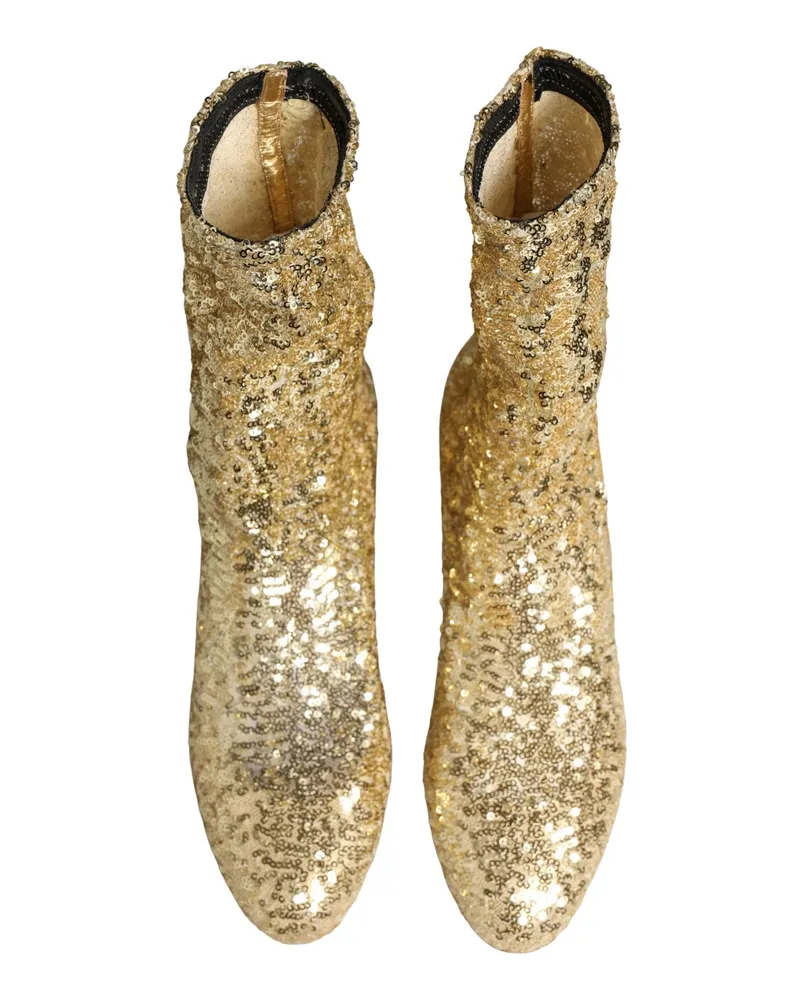Dolce & Gabbana Women's Gold Sequined Short Boots Stretch Shoes Elastane Nylon Polyester Gold