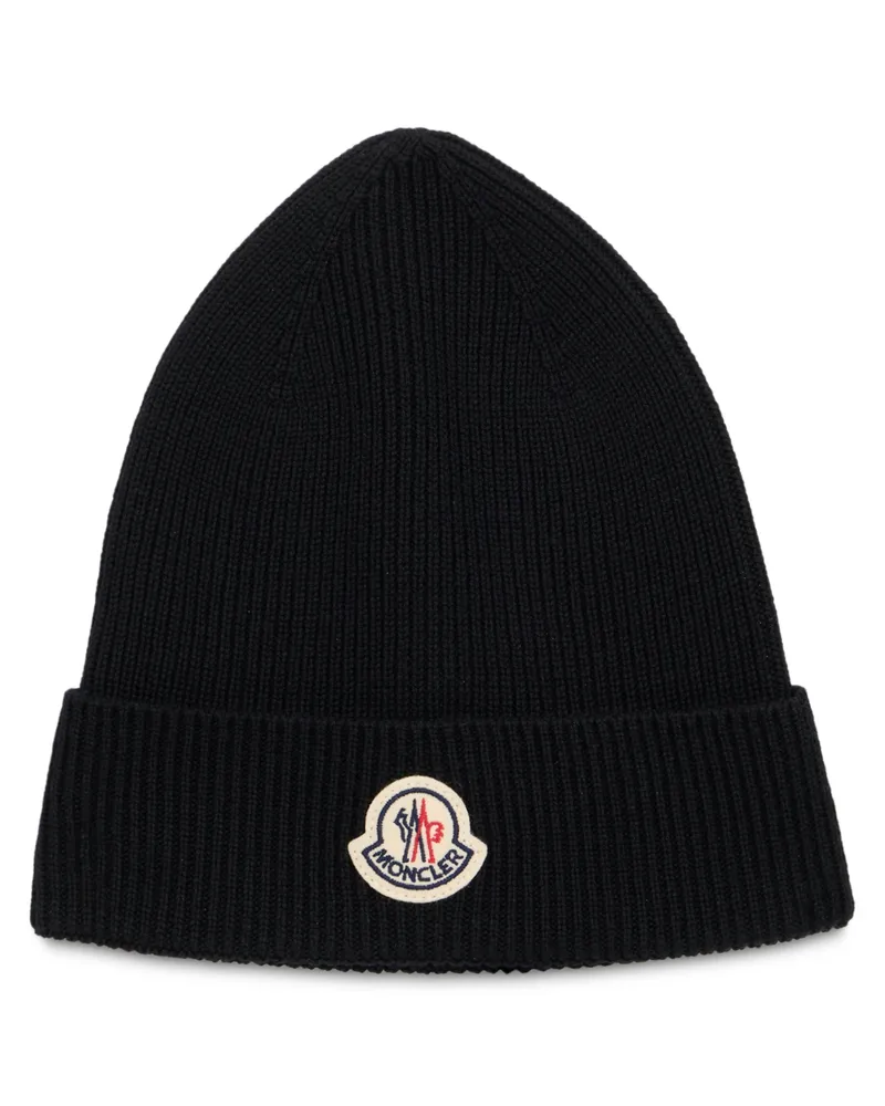 Moncler L20913B70500 Ribbed Virgin Wool Beanie — Black Black