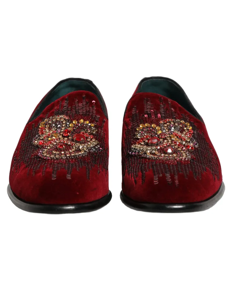 Dolce & Gabbana Men's Maroon Sequin Gemstone Dress Loafers Shoes Leather Red