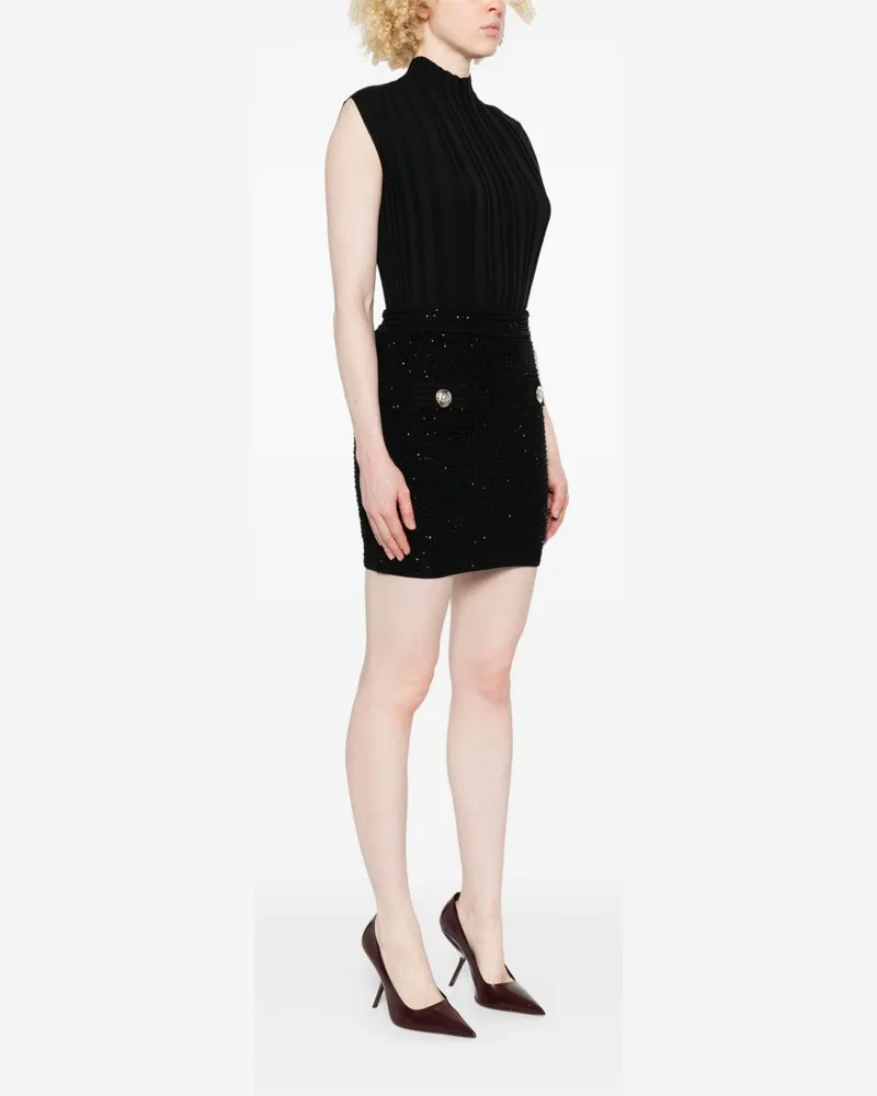 Balmain Crystal-Embellished Tweed Skirt — Black Black
