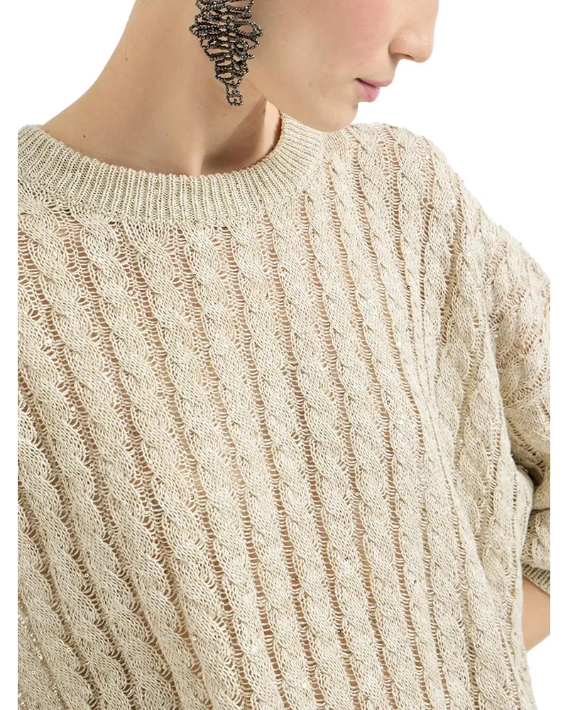 Brunello Cucinelli Cable Knit Linen Sweater — Beige Beige