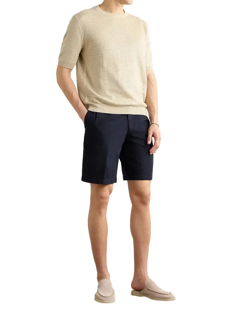 Ermenegildo Zegna Pleated Front Cotton-Linen Shorts — Navy Navy
