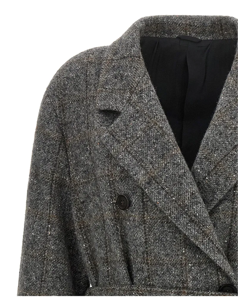Brunello Cucinelli Double-Breasted Check Tweed Coat — Gray Gray