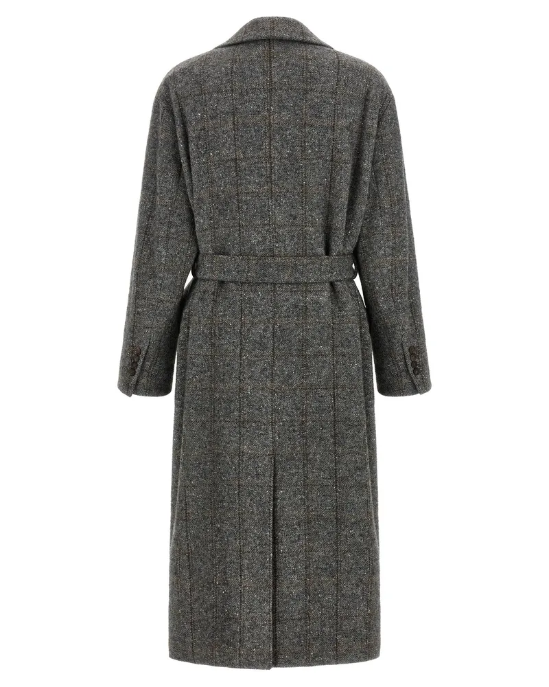 Brunello Cucinelli Double-Breasted Check Tweed Coat — Gray Gray