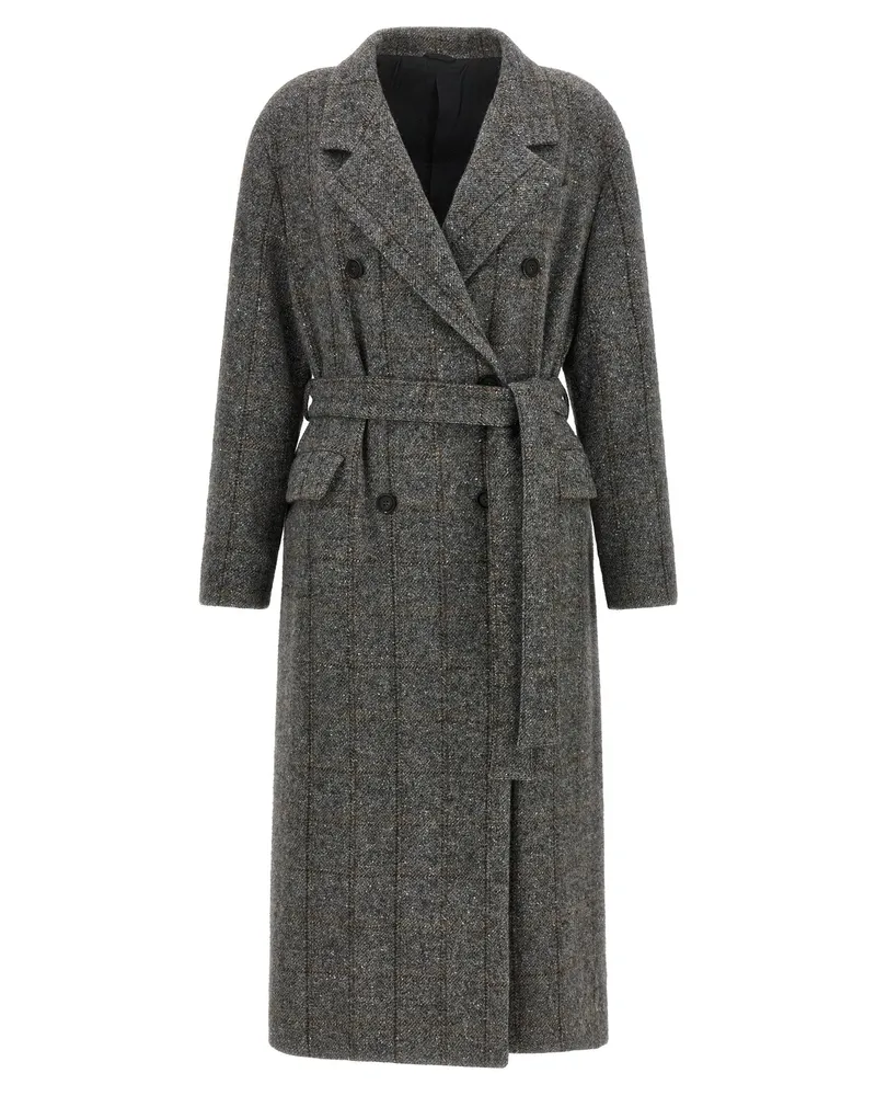 Brunello Cucinelli Double-Breasted Check Tweed Coat — Gray Gray