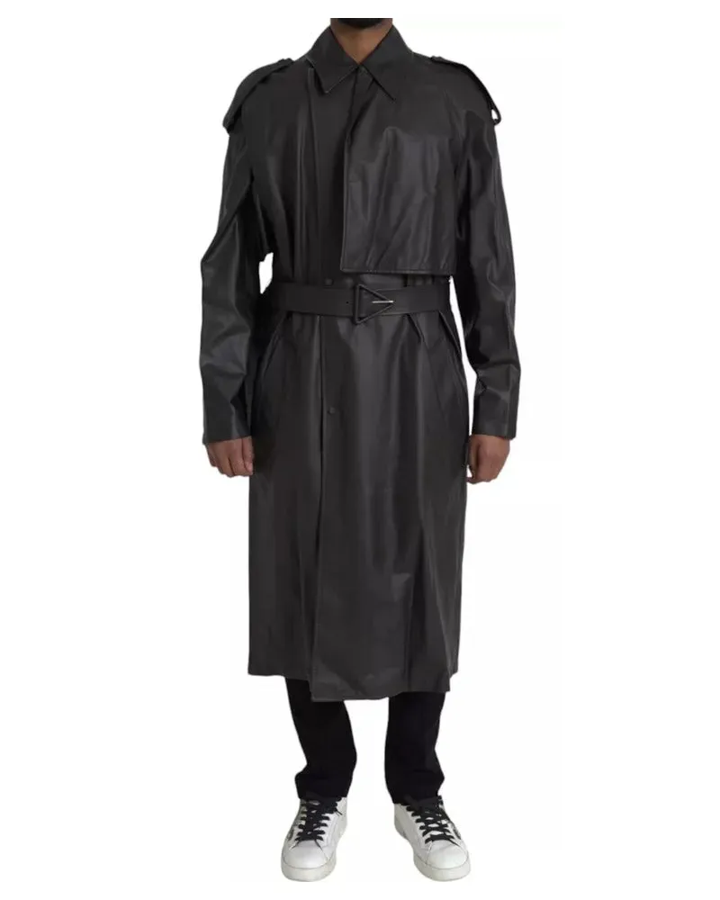 Bottega Veneta Black Leather Men Waterproof Trenchcoat Jacket Calf Clothing Black