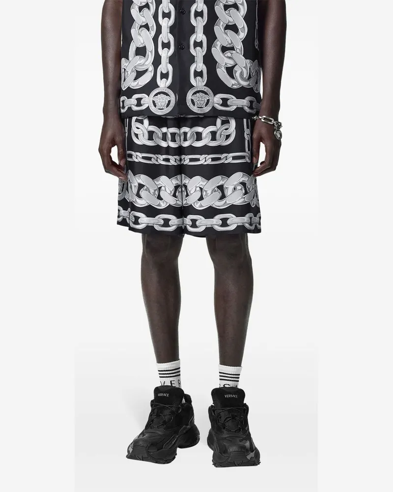 Versace Chain-Print Silk Shorts — Black Black