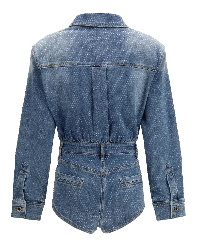 Self-Portrait Women's Playsuit Rhinestone Denim Blue Cotton Jumpsuits Dress Blue