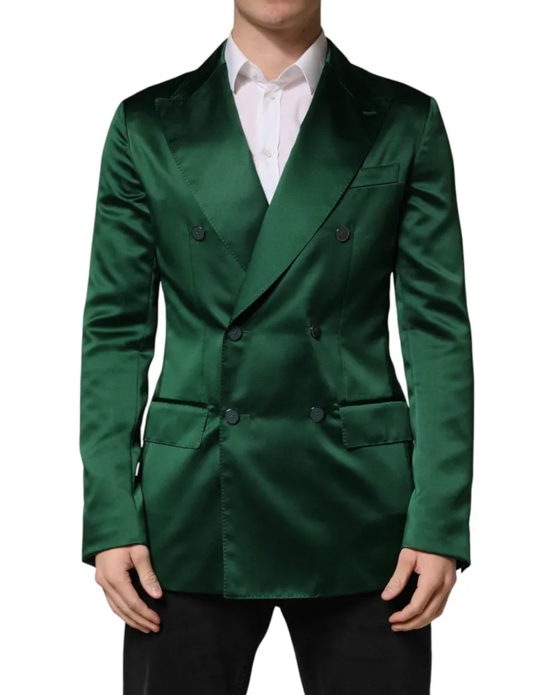 Dolce & Gabbana Men's Green Satin Double Breasted Jacket Blazer Polyester Clothing Green