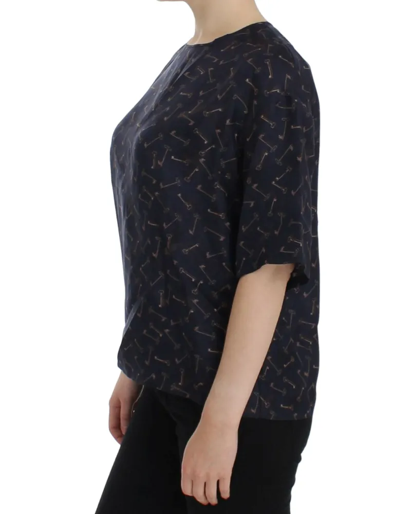 Dolce & Gabbana Women's Blue Gold Key Print Silk Blouse Blue