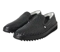 Black Woven Buffalo Leather Men Loafers Shoes Calfskin