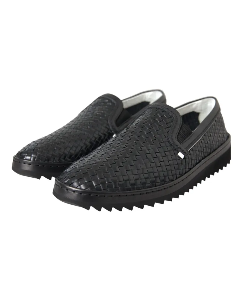 Dolce & Gabbana Black Woven Buffalo Leather Men Loafers Shoes Calfskin Black