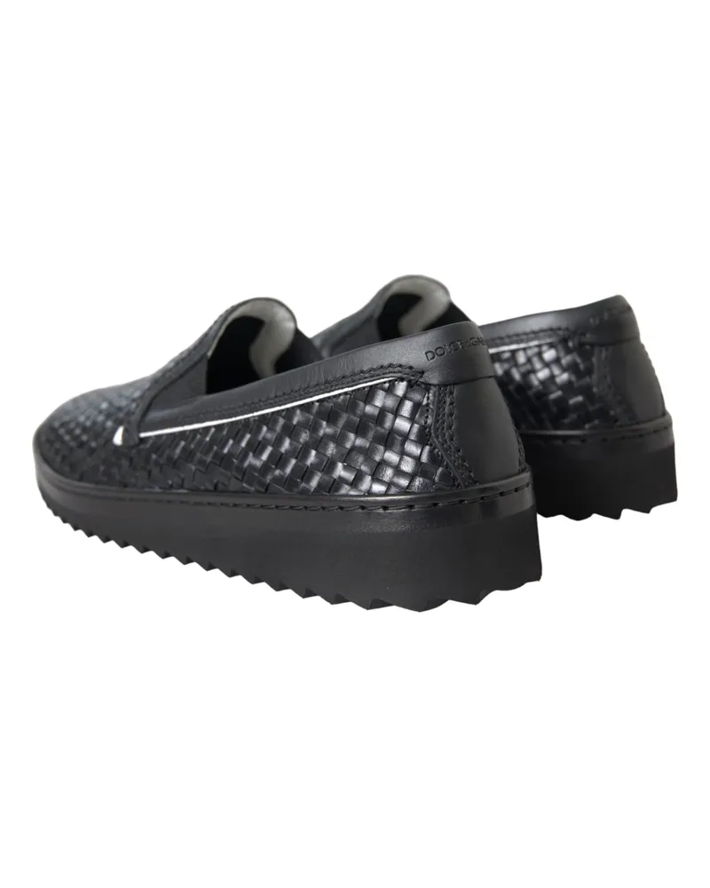Dolce & Gabbana Black Woven Buffalo Leather Men Loafers Shoes Calfskin Black