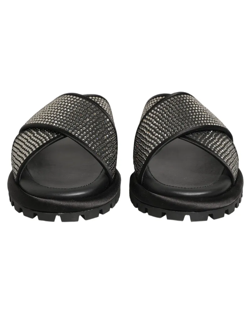Dolce & Gabbana Men's Black Strass Criss Cross Slide Sandals Shoes Leather Black