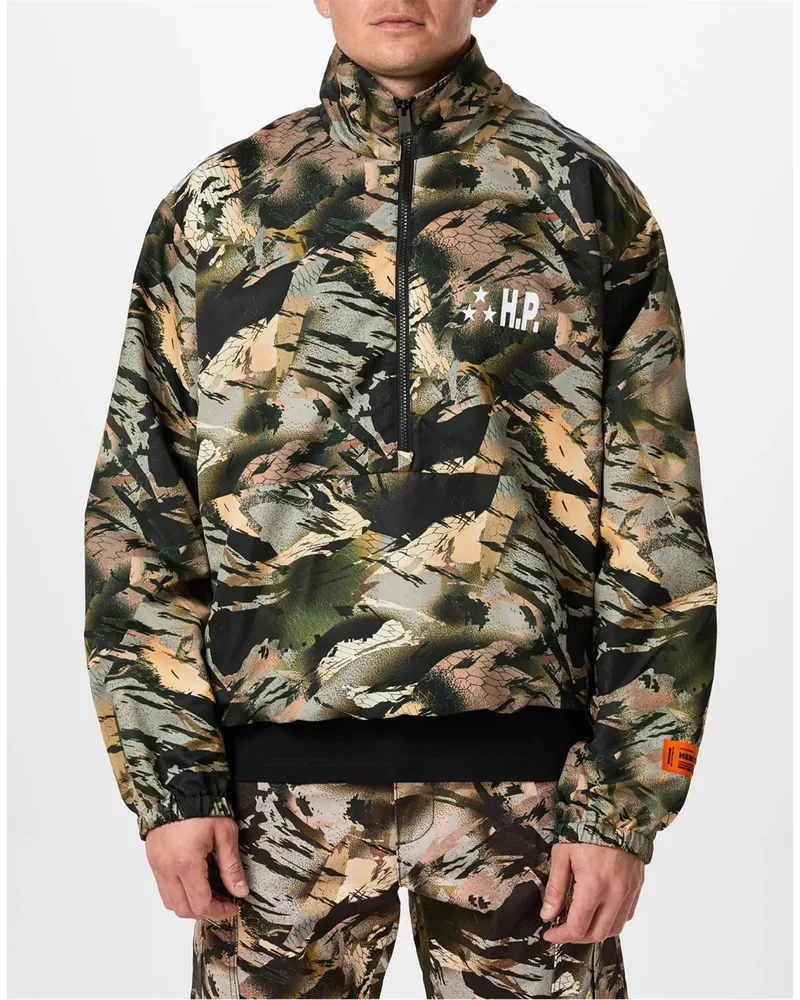 Heron Preston Men's Nylon Camo Logo Tape Windbreaker Jacket Green Clothing > Coats Green