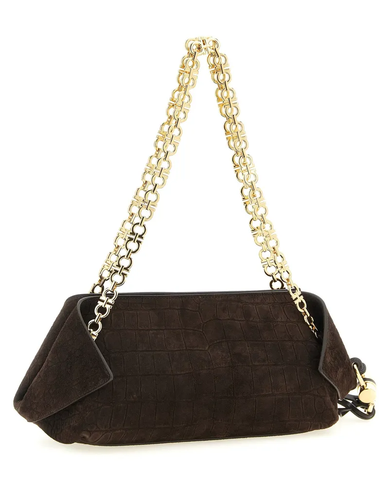 Ferragamo Crocodile-Effect Suede Shoulder Bag — Black Black