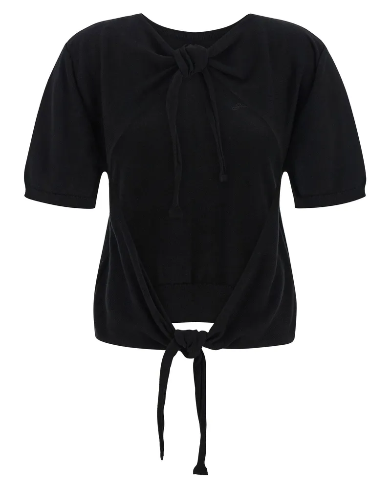 Ganni Tie-Front Cotton Sweater — Black Black