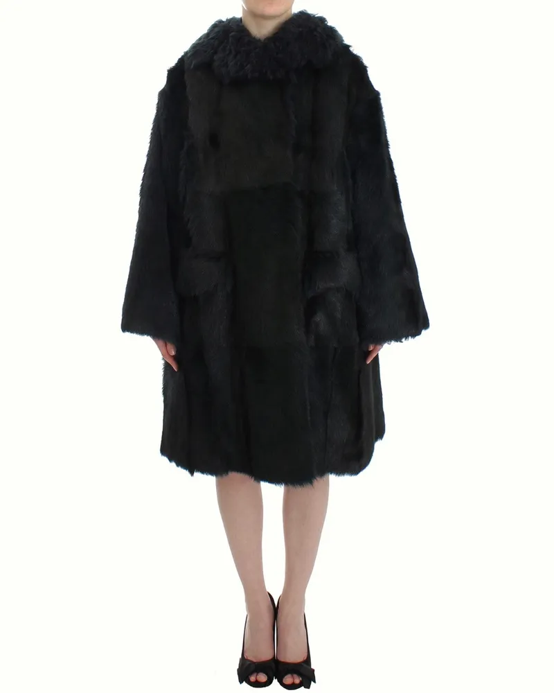 Dolce & Gabbana Women Black Goat Fur Shearling Long Jacket Coat Goatskin Clothing Black