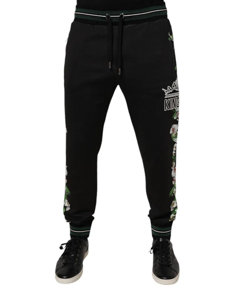Dolce & Gabbana Black Floral King Men Jogger Sweatpants Pants Cotton Black